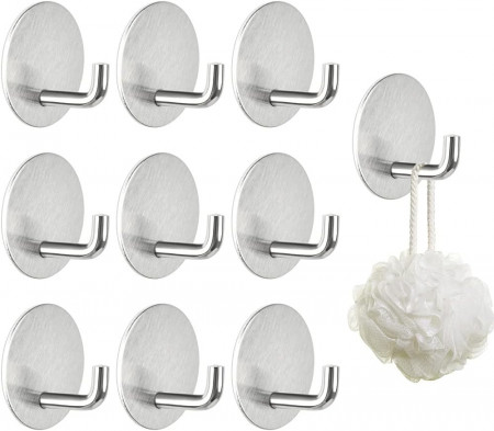 Set 10 carlige de perete pentru baie, otel inoxidabil, argintiu, 45 x 27,3 mm