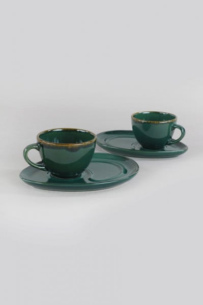 Set 2 cani de cafea cu farfuriuta Lukachukai, ceramica, verde inchis/auriu, 215 ml