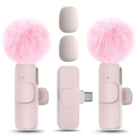 Set 2 microfoane, Sistem de Microfon Fără Fir cu Clip pentru Guler, Captare Omnidirecțională, USB-C, Înregistrare la o Singura Atingere și Baterie Reîncărcabilă pentru Live Streaming, Conferințe Video, Microfon Wireless pentru Cântat, Roz