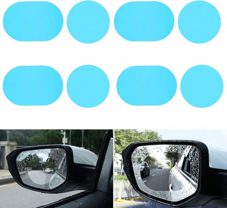 Set 8 folii de protectie pentru oglinda auto Scobuty, PET, transparent, 10 x 10 cm /10 x 14.5 cm