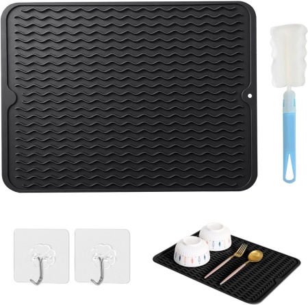 Set covoras de scurgere, 2 carlige si o perie Scettar, silicon, alb/negru/albastru