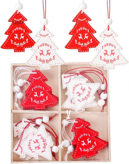 Set de 12 ornamente pentru brad Anyingkai, lemn, alb/rosu, 5 x 5,7 cm - Img 1