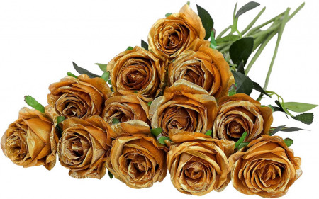 Set de 12 trandafiri artificiali Hawesome, matase/plastic, auriu/verde, 52 x 7 cm - Img 1