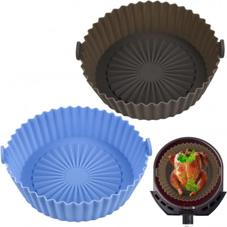 Set de 2 cosuri pentru friteuza cu aer Tongboke, silicon, albastru/maro inchis, 20,7 x 16,5 x 6,7 cm