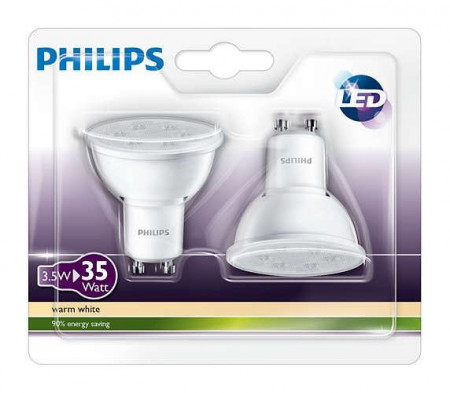 Set de 2 spoturi LED Philips 3.5W GU10 , lumina calda, alb - Img 1