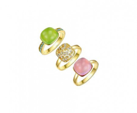 Set de 3 inele cu cristale Swarovski Isabel, metal, auriu/roz/verde - Img 1