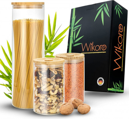 Set de 3 recipiente pentru alimente Wikoro, sticla/bambus, transparent/natur - Img 1