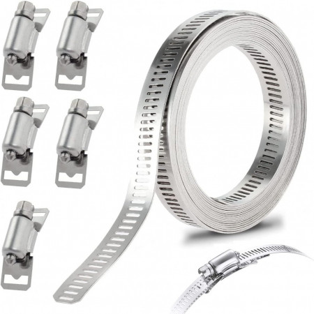 Set de 4 cleme si rola de cablu pentru coliere Vulevirtue, metal, argintiu, 4 m