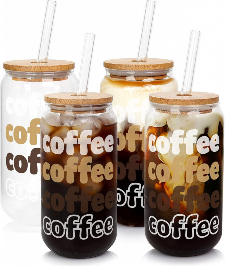 Set de 4 pahare cu capac si paie ANOTION, sticla/lemn/otel inoxidabil, multicolor, 6,7 x 15,5 cm, 591 ml