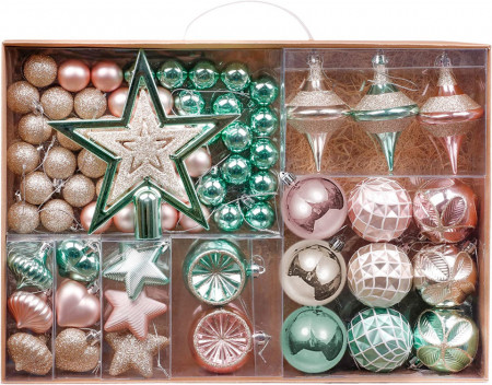 Set de 70 ornamente pentru brad Valery Madelyn, plastic, verde menta/rose, 3-17 cm