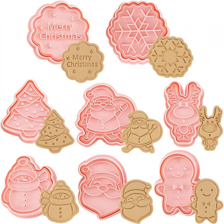 Set de 8 forme pentru prajituri de Craciun Miotlsy, plastic, roz, 4-6 cm