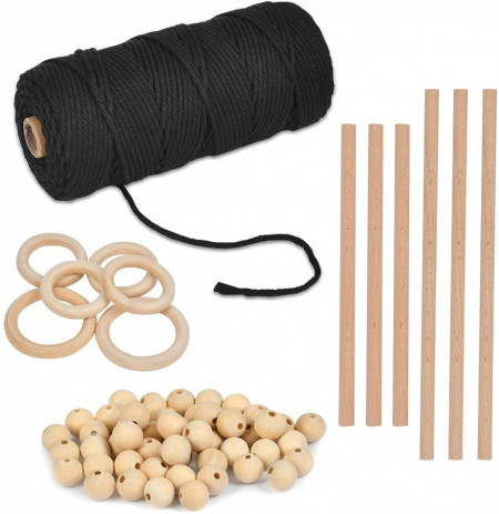 Set de creatie cu macrame BUYGOO, negru/natur, bumbac/lemn, 110 piese - Img 1