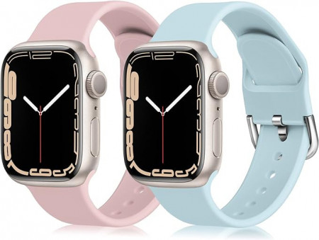 Set de doua bratari pentru Apple Watch Chinbersky, silicon, albastru/roz, 42/44/45 mm