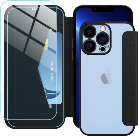 Set de husa si 2 folii de protectie ecran pentru iPhone 13 Pro Petocase, piele PU/sticla securizata, negru, 6,1 inchi