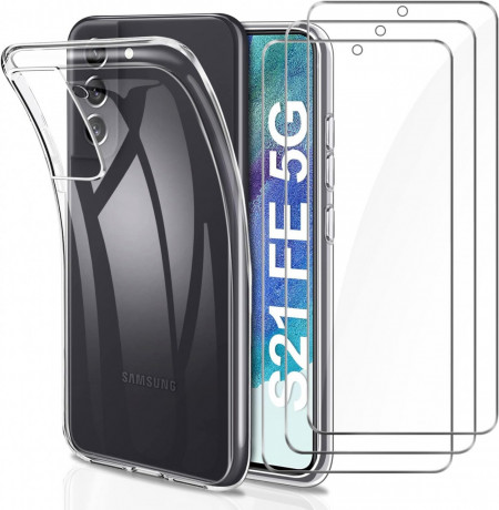 Set de husa si 3 folii de protectie pentru Samsung Galaxy S21 FE 5G YNMEacc, silicon/sticla securizata, transparent, 6,4 inchi