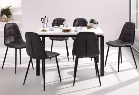 Set de living Sabine/Luna 4 scaune si o masa, lemn/metal/piele sintetica, negru/alb - Img 1