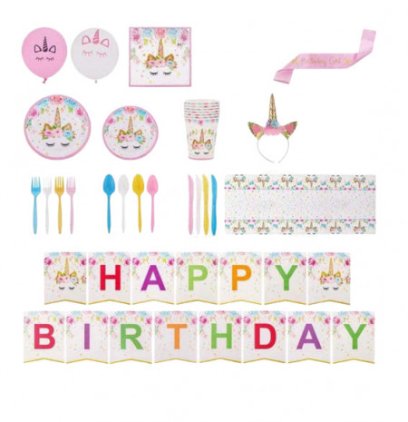 Set de tacamuri pentru petrecere Softec, hartie, multicolor, model unicorn, 16 persoane, 114 bucati