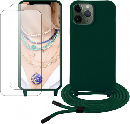 Set husa cu snur si 2 folii de protectie pentru iPhone 13 Pro Gumo-Long, poliester/TPU, verde inchis/transparent, 6,1 inchi