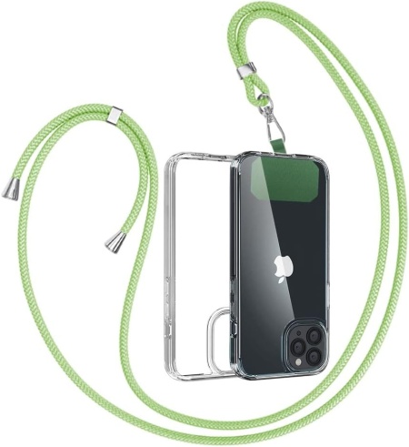 Set husa de protectie cu snur pentru iPhone 12 Pro Gumo, TPU/poliester, transparent/verde mar, 6,1 inchi