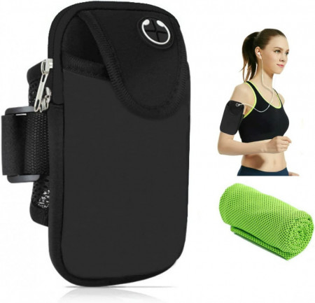 Set husa de telefon tip banderola pentru alergare/antrenament si prosop CYchen, nailon, negru/verde, compatibil cu telefoanele de pana la 6,5 inchi