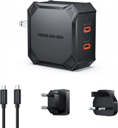 Set incarcator cu 2 porturi tip C, 2 adaptoare UE/UK si un cablu USB C Unbreak, negru, 65 W, 240 V - Img 1