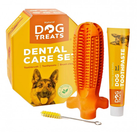 Set ingrijire dentara pentru caini Natural Dog, periuta si pasta de dinti, cauciuc, portocaliu, marimea M