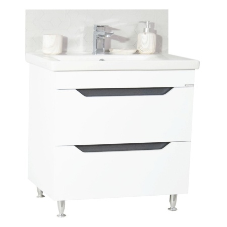 Set mobilier baie GN7561, cu lavoar ceramic, circular, front MDF, 80 cm, 2 sertare, picioare cromate reglabile, alb/antracit