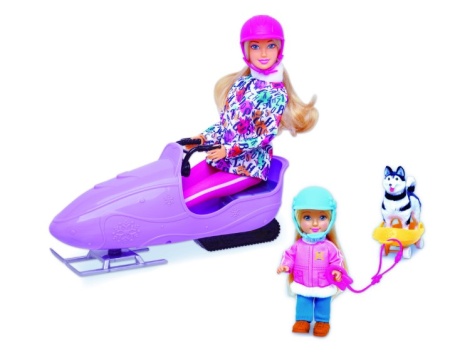 Set papusi RS Toys Ely si Sofy, cu snowmobil, sanie, caine Husky si accesorii