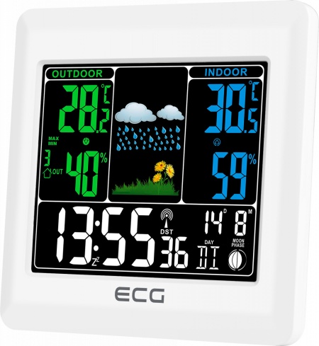 Statie meteo interior-exterior ECG MS 300 White, senzor extern fara fir, LCD color, ceas, alarma - RESIGILAT - Img 1
