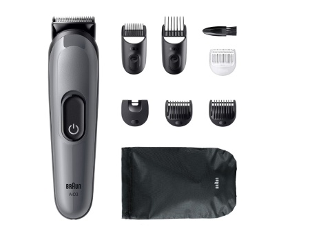 Aparat de tuns multifunctional Braun All-in-One Seria 3 AIO3540, 8-in-1, Lama ultra ascutita, 6 Piepteni, 1 Perie de curatare, 1 Saculet, 14 Setari de lungime , Autonomie 50 minute, Gri argintiu lucios, Resigilat, Grad A