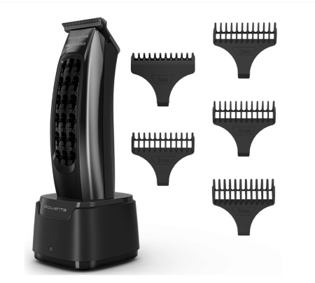 Aparat de tuns Rowenta x Karl Lagerfeld Barber Experience TN155LE0, 6500 rpm, autonomie 150 min, 6 piepteni ficsi 3-6 -9-12-18-25 mm, 6 piepteni fade stanga - dreapta, setare precizie 0.3mm, lame inox, indicator LED, baza de incarcare, Resigilat, Grad A