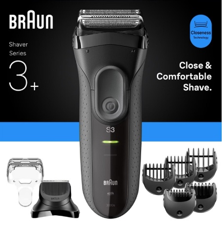Aparat electric de ras Braun Series 3+ 3000BT, 3 Lame Flexibile, Microcomb pentru eficienta, Accesoriu de tuns barba, +5 piepteni, Utilizare umeda/uscata, Fabricat In Germania, Gri, Resigilat, Grad A