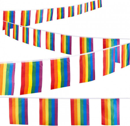 Banner cu 30 de steaguri curcubeu Hollylife, nailon/poliester, multicolor, 10 m / 14 x 21 cm