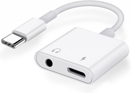 Cablu adaptor de incarcare casti si USB-C Runzexin, ABS, alb, 3,5 mm
