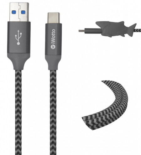 Cablu de incarcare USB Tipe C Iwotto, nailon, gri/negru, 1 m - Img 1