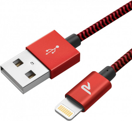 Cablu USB pentru Iphone RAMPOW, cu incarcare rapida, rosu/negru, 3 m