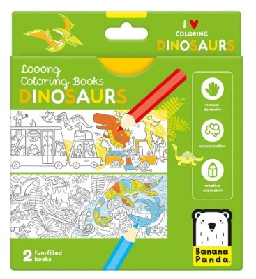 Carte de colorat si trasat linii pentru copii Ed.Banana Panda I Love Coloring, imagini cu Dinozauri, 12 ilustratii de trasare si colorare, 2 imagini panoramice