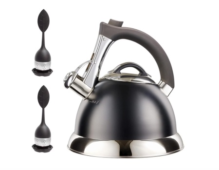 Ceainic cu fluier, Pykal, Otel inoxidabil, 2.8 L, 2 Infuzoare, Maner iCool, Negru, Resigilat, Grad A