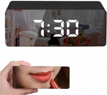 Ceas digital cu alarma Zamnes, USB, desing oglinda, negru, 14 x 6 x 3.5 cm