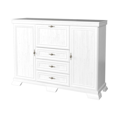 Comoda living VM6P, o usa rabatabila pentru bar, 2 usi fixe, 3 sertare, insertii MDF, 158 x 46 x 117 cm, Alb antichizat
