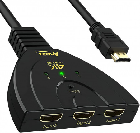 Comutator HDMI Amanka, 3 intrari si o iesire, negru/auriu, 50 cm, 4K