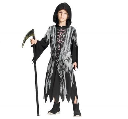 Costum de Halloween pentru copii Okali, 3 piese, textil/plastic, negru/gri/argintiu, 3-4 ani