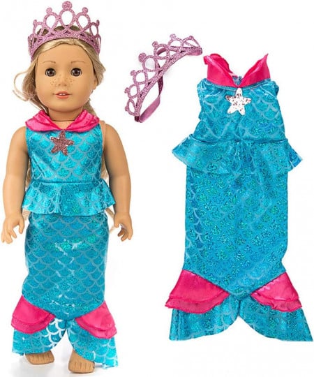 Costum de sirena cu coronita pentru papusa Miotlsy, textil, roz/albastru, 30 cm