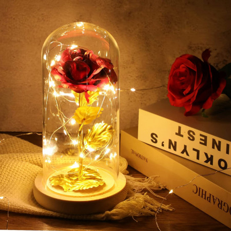 Cupola cu trandafir ADAZ, LED, plastic/lemn/sticla, natur/auriu/rosu, 21 x 11 x 9 cm - Img 1