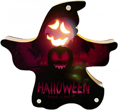 Decoratiune pentru Halloween, LED, model fantoma, lemn, multicolor, 20 x 20 cm