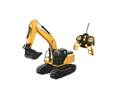 Excavator cu telecomanda de jucarie pentru copii, galben, cu senile realiste si cupa functonala, frecventa 40mhz, scara 1:24