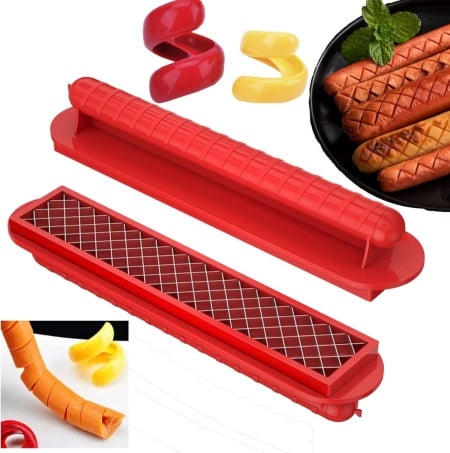 Feliator manual pentru hot-dog Qlplyzon, otel inoxidabil/plastic, rosu, 29,5 x 6,5 cm