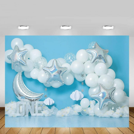 Fundal foto pentru aniversare Mehofond, vinil, albastru/alb, 2,1 x 1,5 m