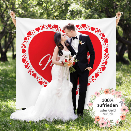 Fundal pentru nunta cu 2 foarfece si un stilou Art_Deco, poliester, inima, alb/rosu, 2 x 1,8 m - Img 1