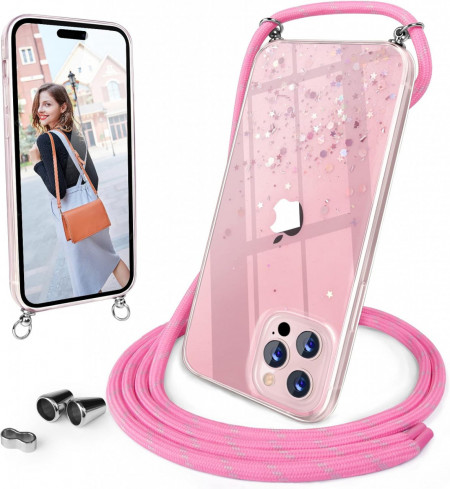 Husa cu snur pentru iPhone 13 Pro UNDEUX, silicon/textil, roz, 6,1 inchi - Img 1